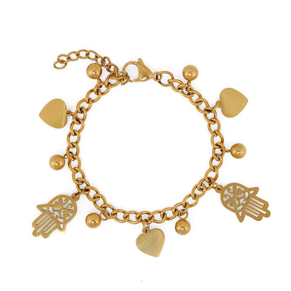 Pulsera de Eslabones con Colgantes de Corazón y Hamsa Bañada en Oro de 18K