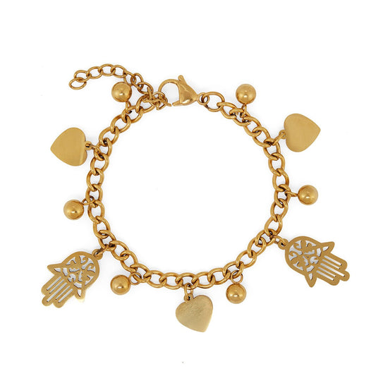Pulsera de Eslabones con Colgantes de Corazón y Hamsa Bañada en Oro de 18K